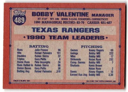 1991 Topps #489 Bobby Valentine NM Near Mint Rangers MG ID:43358 - Baseball Card Single