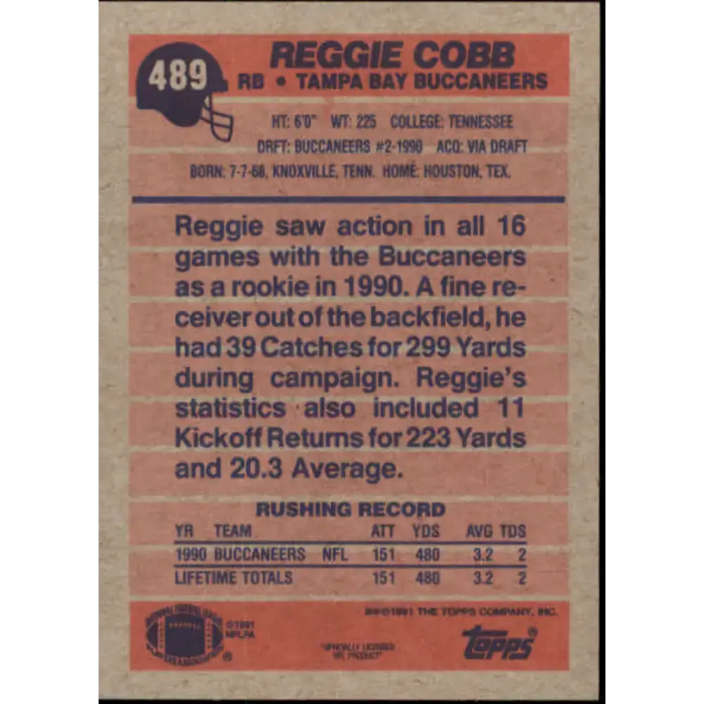 1991 Topps #489 Reggie Cobb NM-MT Tampa Bay Buccaneers Football Card - Football Card Single
