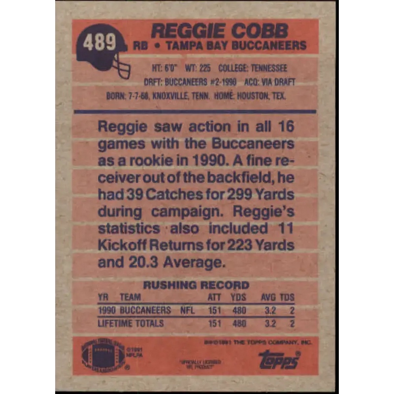 1991 Topps #489 Reggie Cobb NM-MT Tampa Bay Buccaneers Football Card - Football Card Single