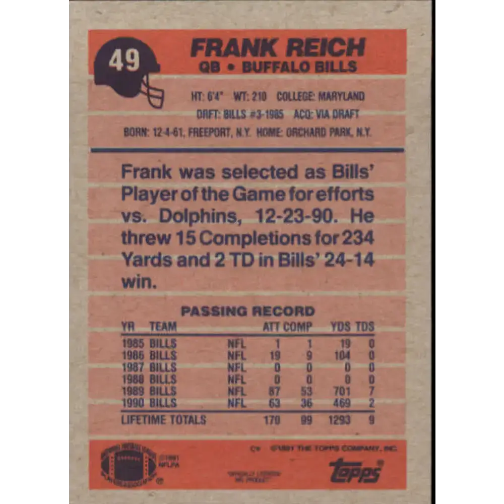 1991 Topps #49 Frank Reich NM-MT Buffalo Bills Football Card - Football Card Single