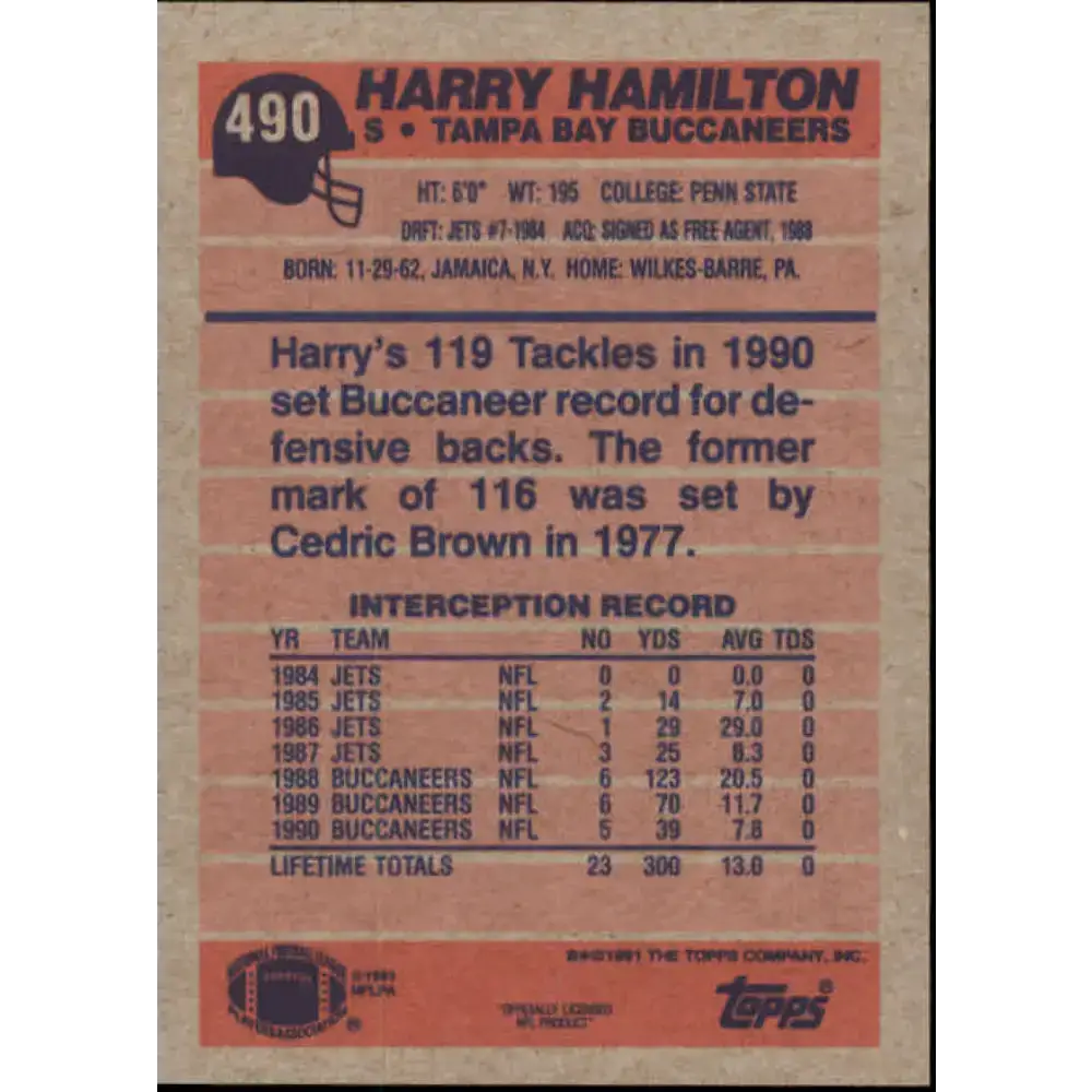 1991 Topps #490 Harry Hamilton NM-MT Tampa Bay Buccaneers Football Card - Football Card Single