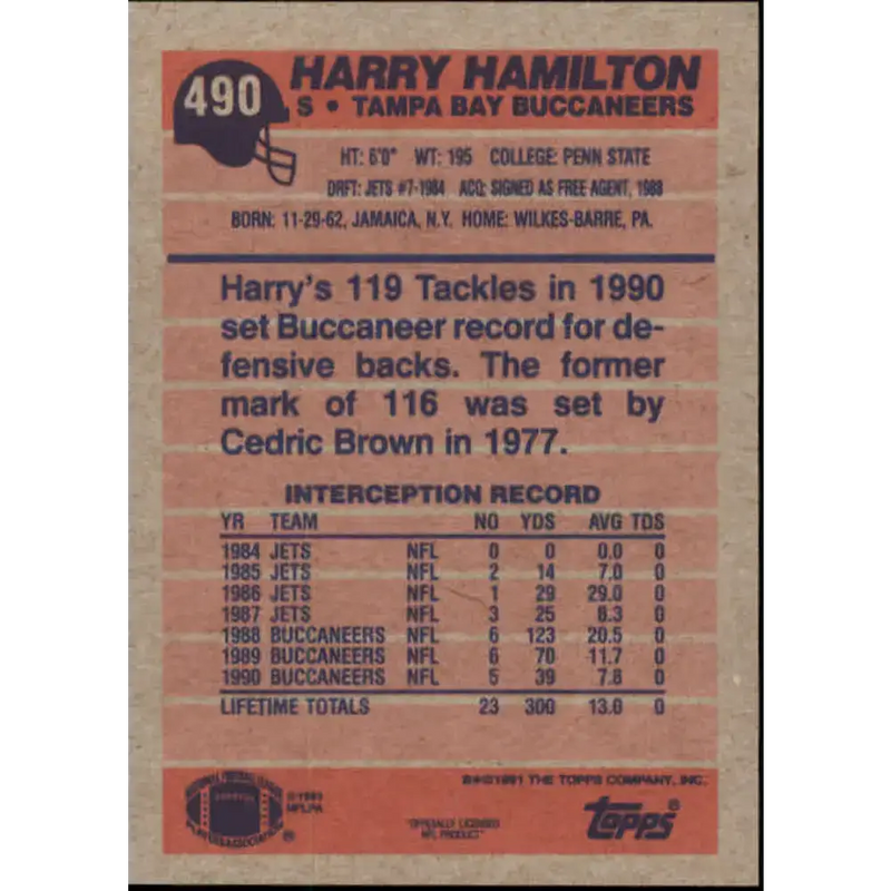 1991 Topps #490 Harry Hamilton NM-MT Tampa Bay Buccaneers Football Card - Football Card Single