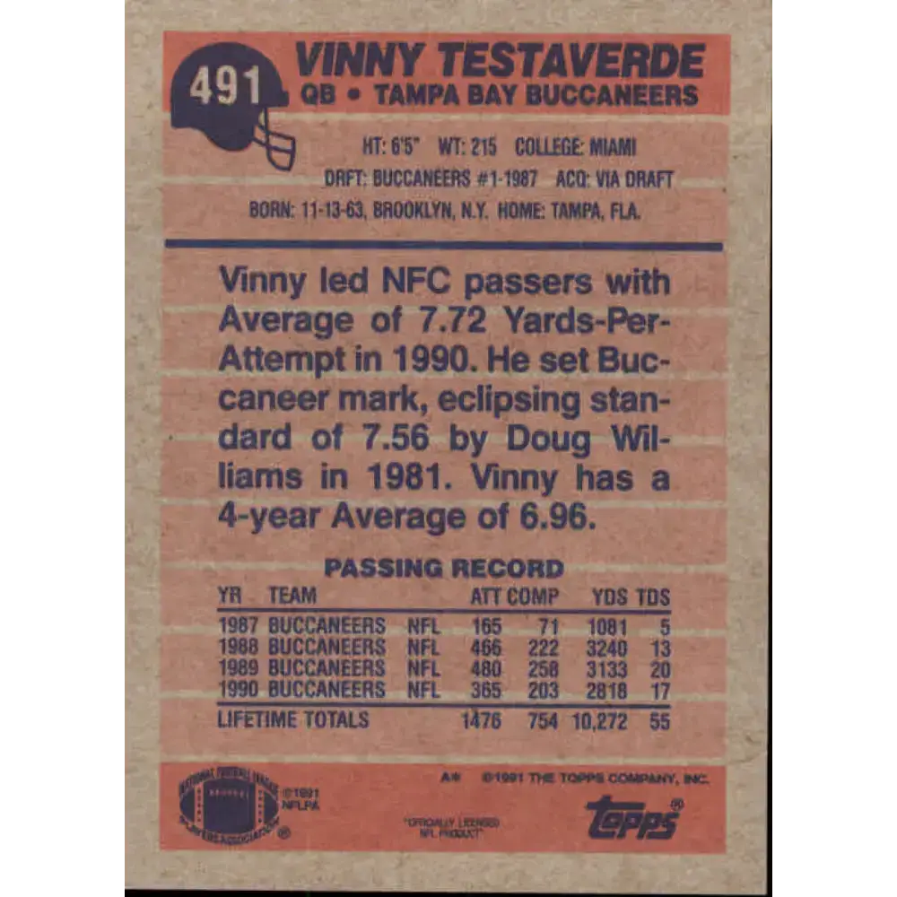 1991 Topps #491 Vinny Testaverde NM-MT Tampa Bay Buccaneers Football Card - Football Card Single