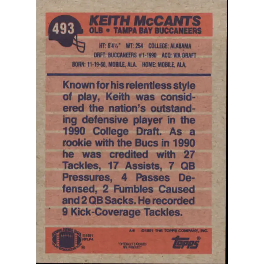 1991 Topps #493 Keith McCants NM-MT Tampa Bay Buccaneers Football Card - Football Card Single