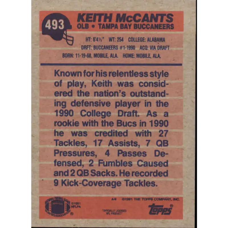 1991 Topps #493 Keith McCants NM-MT Tampa Bay Buccaneers Football Card - Football Card Single