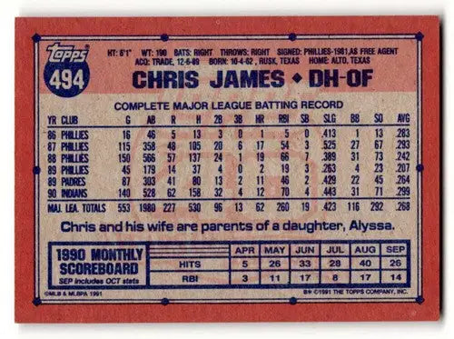 Chris James Cleveland Indians baseball card from 1991 Topps #494 for collection