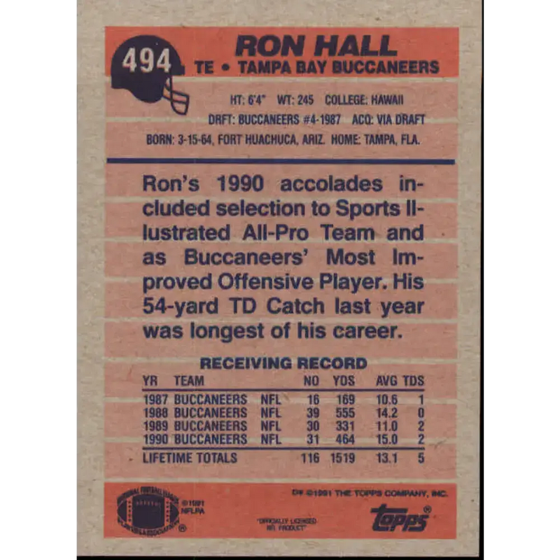 1991 Topps #494 Ron Hall NM-MT Tampa Bay Buccaneers Football Card - Football Card Single