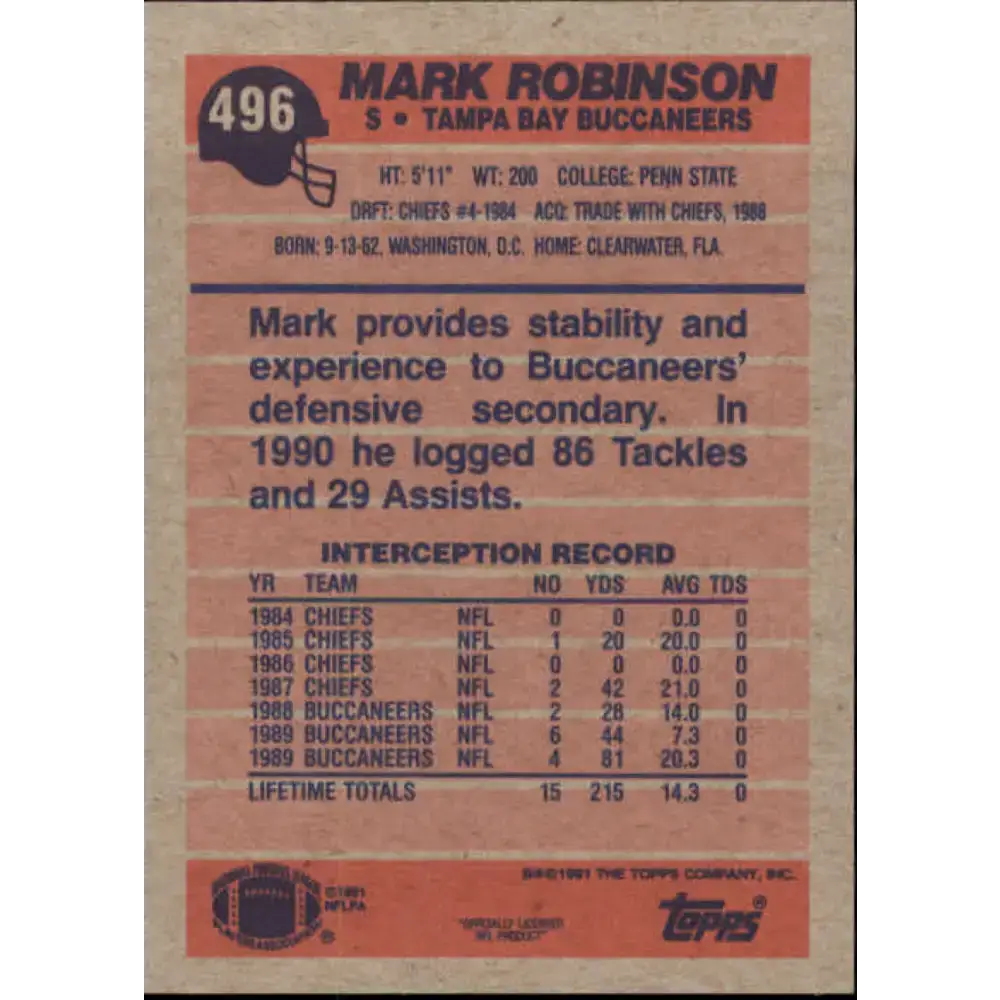 1991 Topps #496 Mark Robinson NM-MT Tampa Bay Buccaneers Football Card - Football Card Single