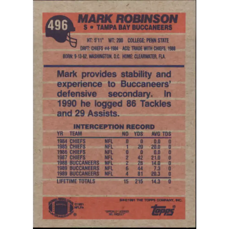 1991 Topps #496 Mark Robinson NM-MT Tampa Bay Buccaneers Football Card - Football Card Single