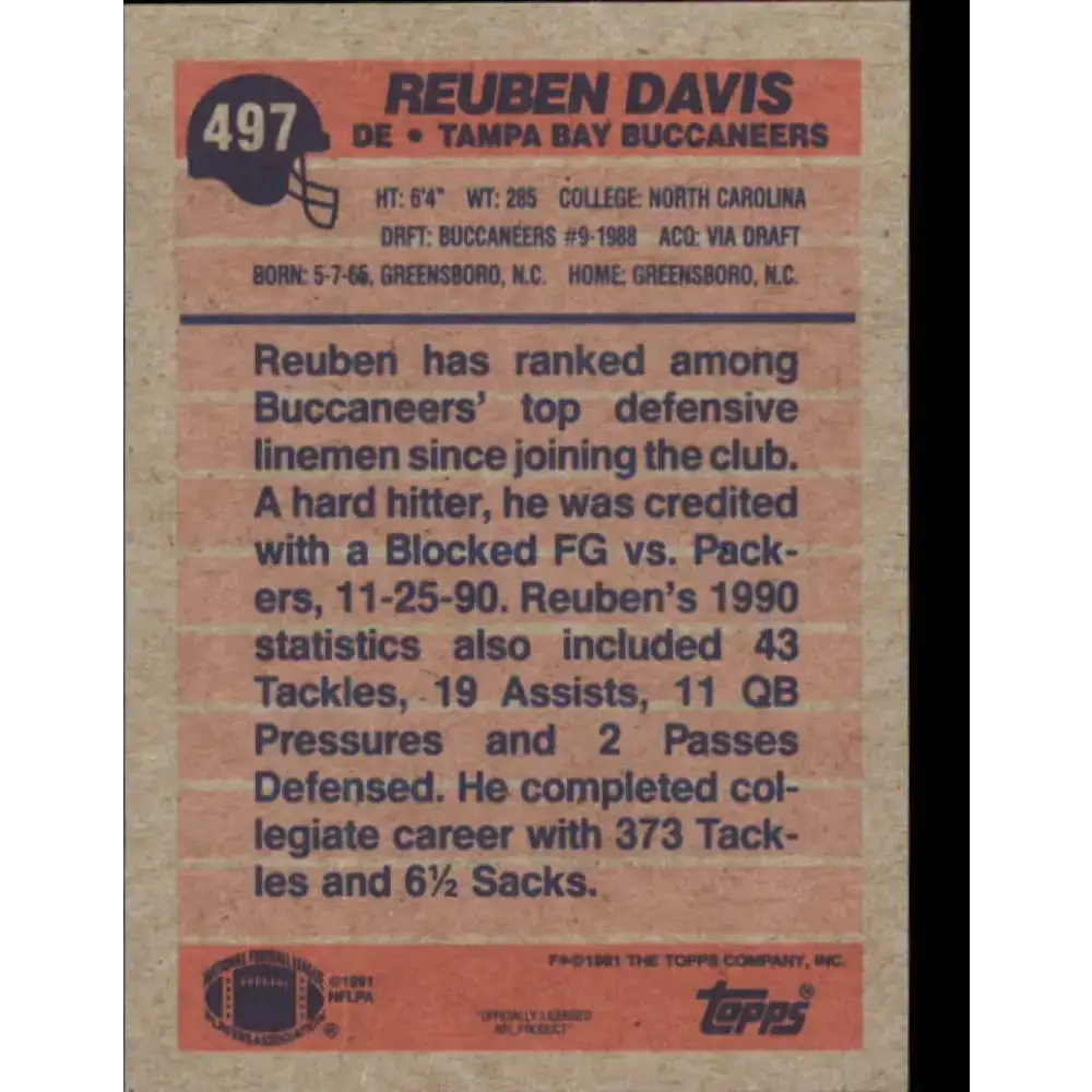 1991 Topps #497 Reuben Davis NM-MT Tampa Bay Buccaneers Football Card - Football Card Single