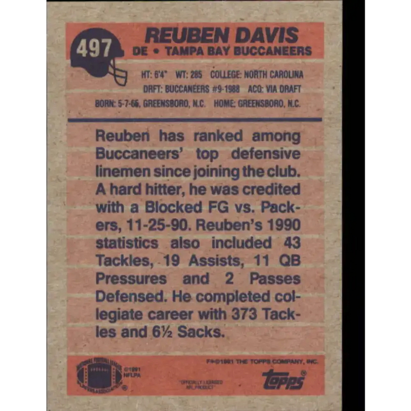 1991 Topps #497 Reuben Davis NM-MT Tampa Bay Buccaneers Football Card - Football Card Single
