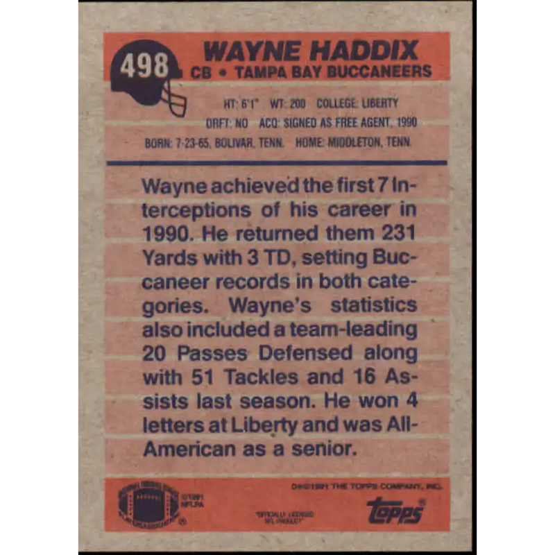 1991 Topps #498 Wayne Haddix NM-MT Tampa Bay Buccaneers Football Card - Football Card Single