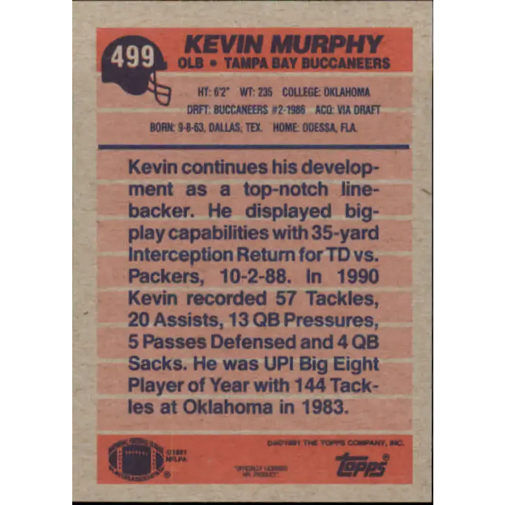 1991 Topps #499 Kevin Murphy NM-MT Tampa Bay Buccaneers Football Card