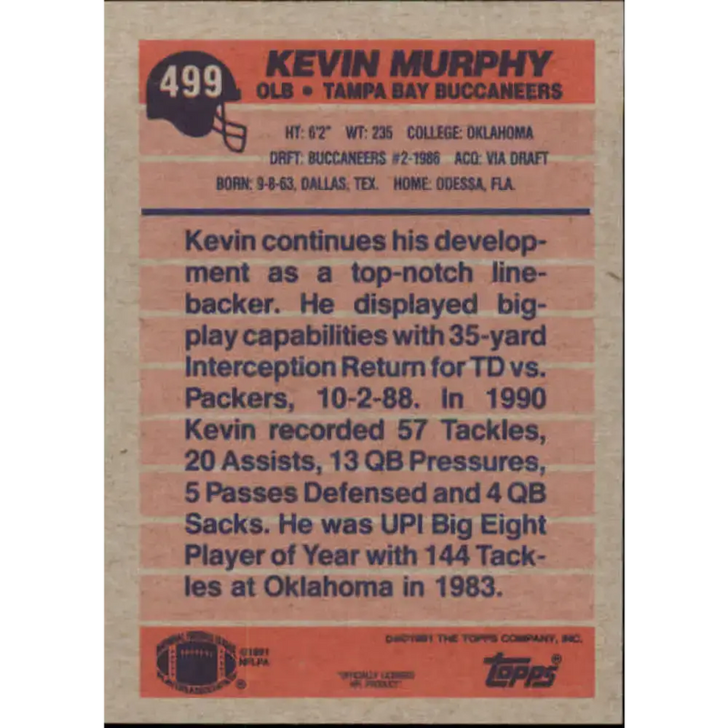 1991 Topps #499 Kevin Murphy NM-MT Tampa Bay Buccaneers Football Card