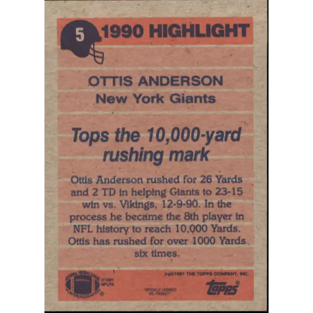 1991 Topps #5 Ottis Anderson NM-MT New York Giants Football Card - Football Card Single