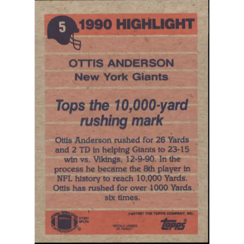 1991 Topps #5 Ottis Anderson NM-MT New York Giants Football Card - Football Card Single