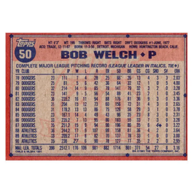 1991 Topps #50 Bob Welch NM-MT Oakland Athletics Baseball Card - Baseball Card Single