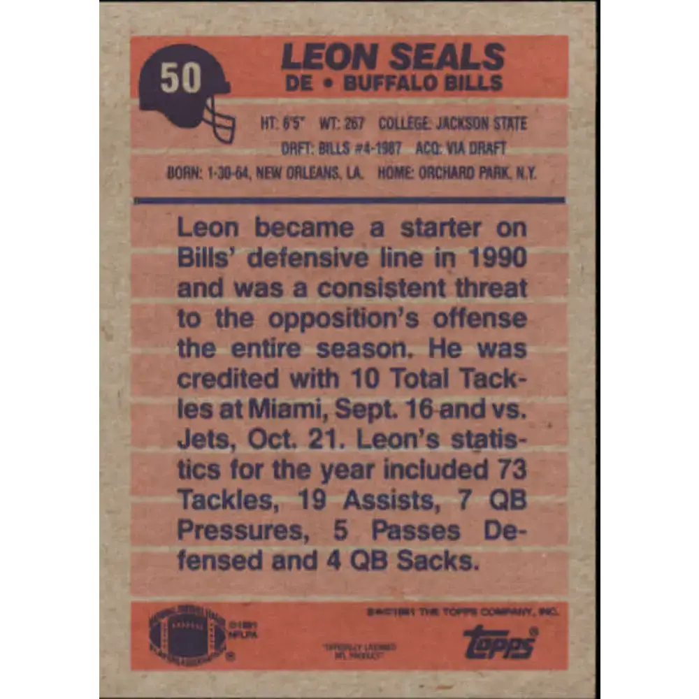 1991 Topps #50 Leon Seals NM-MT Buffalo Bills Football Card - Football Card Single
