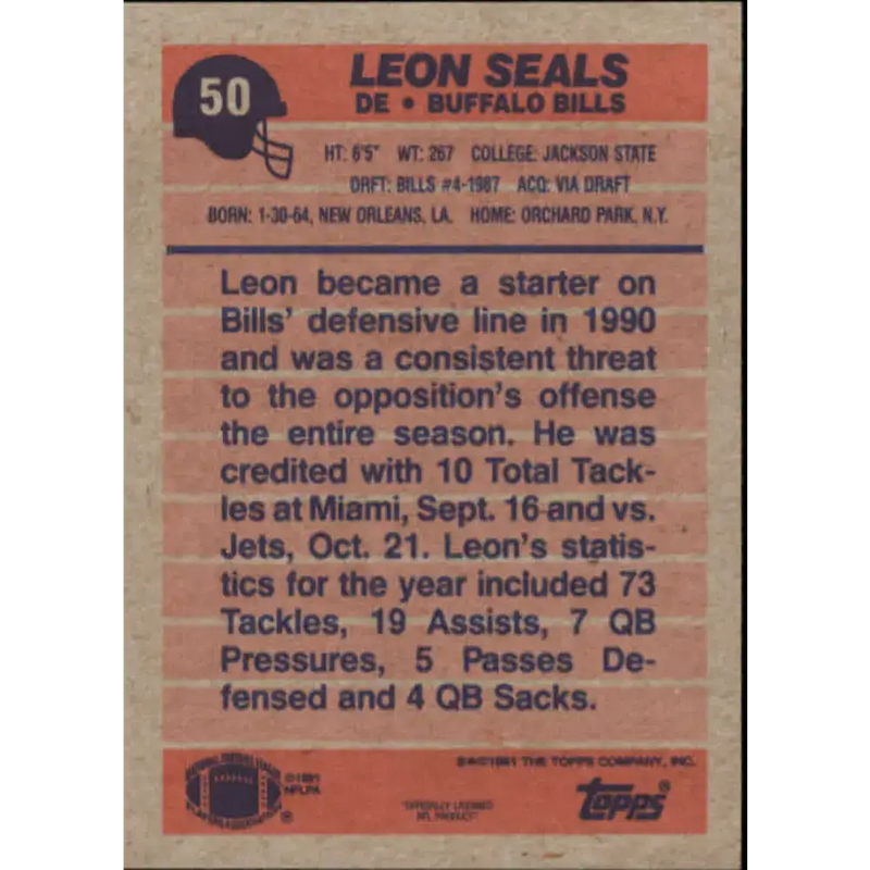 1991 Topps #50 Leon Seals NM-MT Buffalo Bills Football Card - Football Card Single