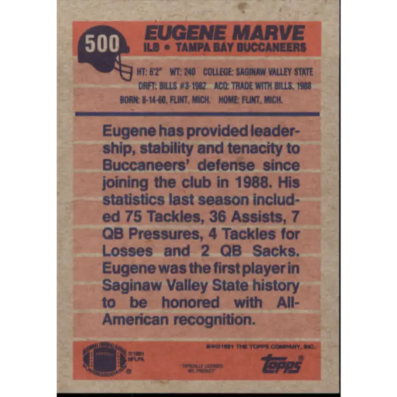 1991 Topps #500 Eugene Marve NM-MT Tampa Bay Buccaneers Football Card - Football Card Single