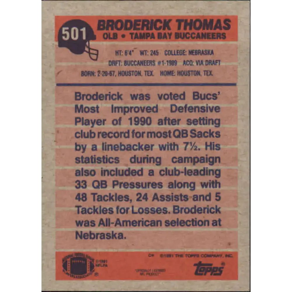 1991 Topps #501 Broderick Thomas NM-MT Tampa Bay Buccaneers Football Card - Football Card Single