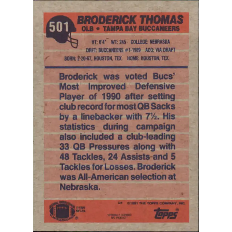1991 Topps #501 Broderick Thomas NM-MT Tampa Bay Buccaneers Football Card - Football Card Single