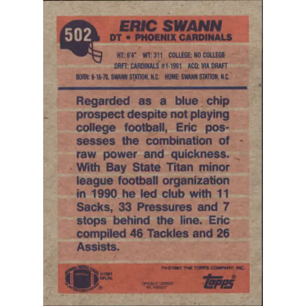 1991 Topps #502 Eric Swann NM-MT RC Rookie Phoenix Cardinals Football Card - Football Card Single