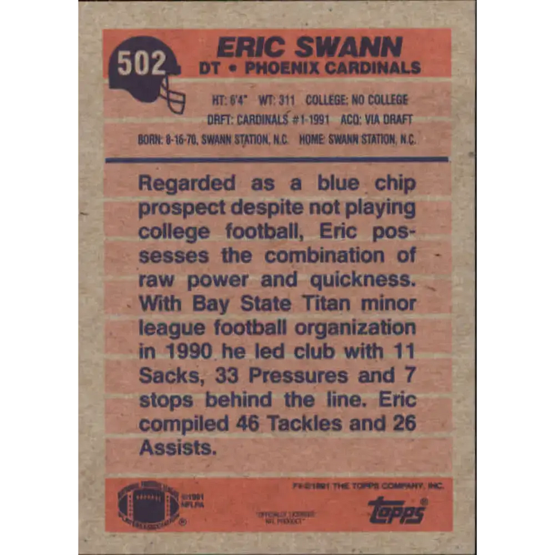 1991 Topps #502 Eric Swann NM-MT RC Rookie Phoenix Cardinals Football Card - Football Card Single