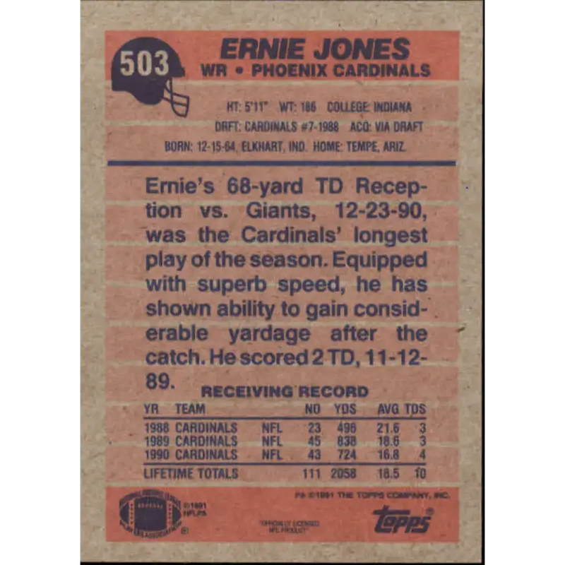 1991 Topps #503 Ernie Jones NM-MT Phoenix Cardinals Football Card - Football Card Single