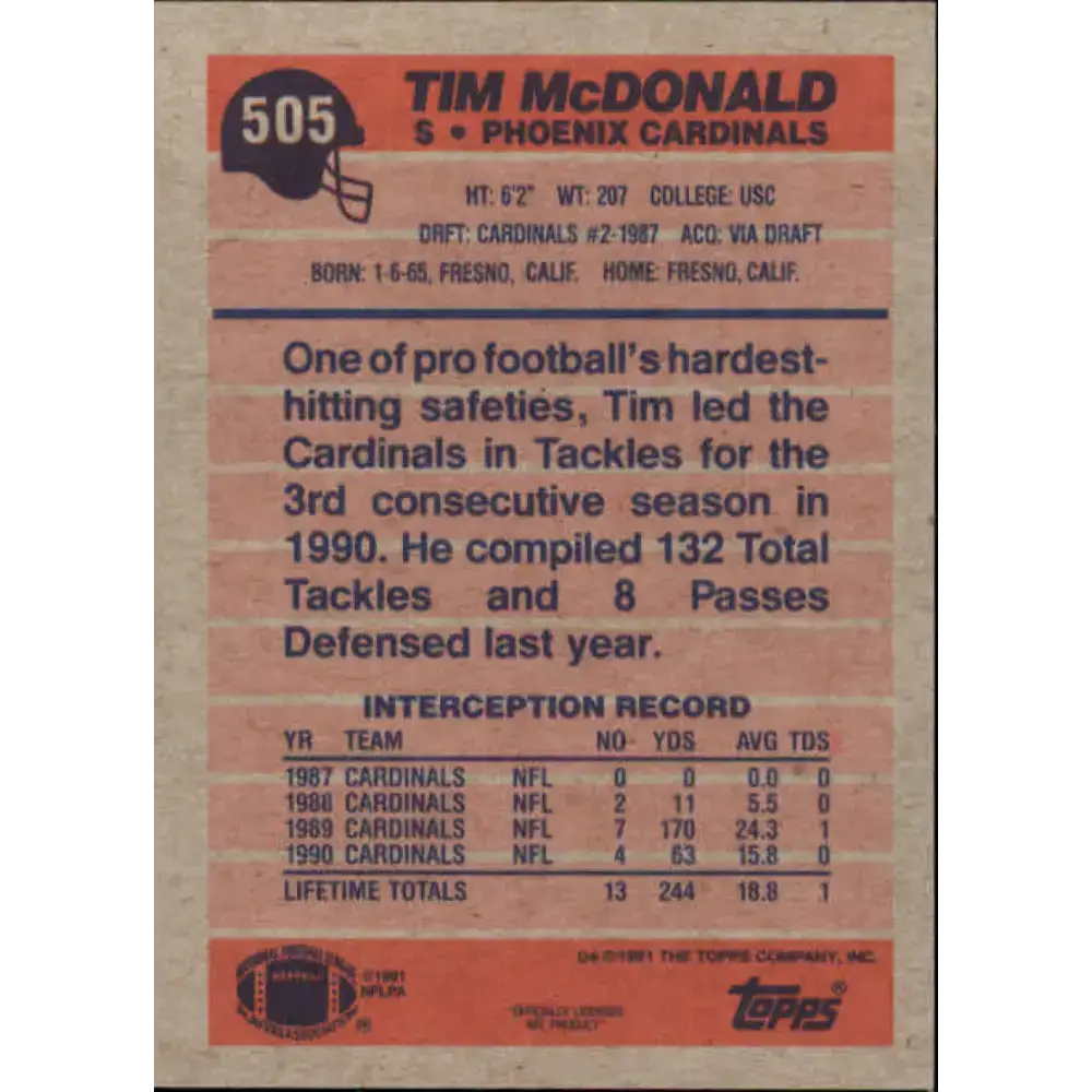 1991 Topps #505 Tim McDonald NM-MT Phoenix Cardinals Football Card - Football Card Single