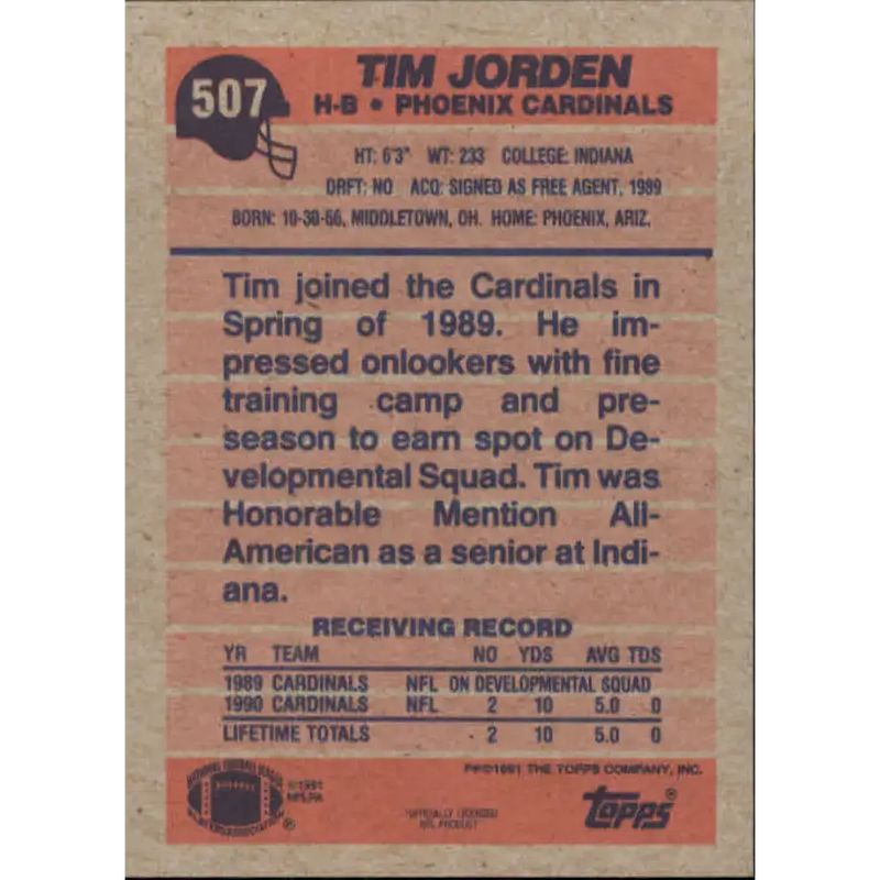 1991 Topps #507 Tim Jorden NM-MT RC Rookie Phoenix Cardinals Football Card - Football Card Single