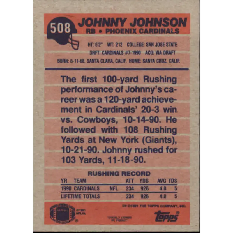 1991 Topps #508 Johnny Johnson NM-MT RC Rookie Phoenix Cardinals Football Card - Football Card Single