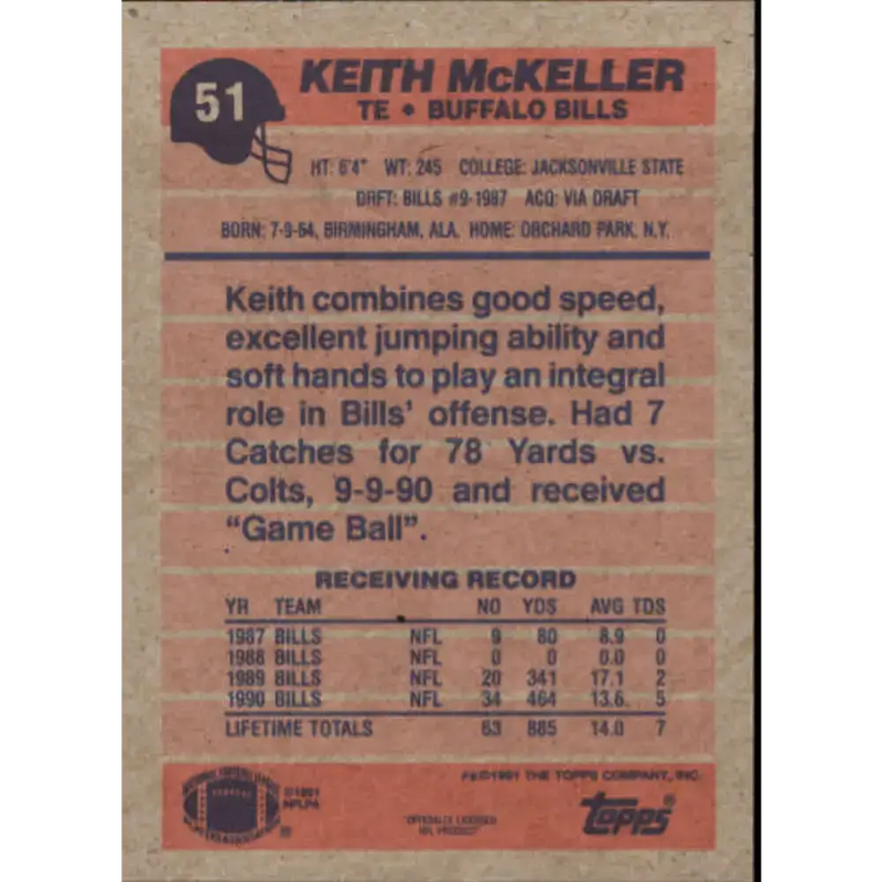 1991 Topps #51 Keith McKeller NM-MT Buffalo Bills Football Card - Football Card Single