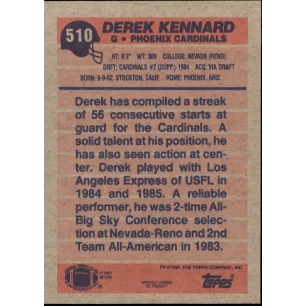 1991 Topps #510 Derek Kennard NM-MT Phoenix Cardinals Football Card - Football Card Single