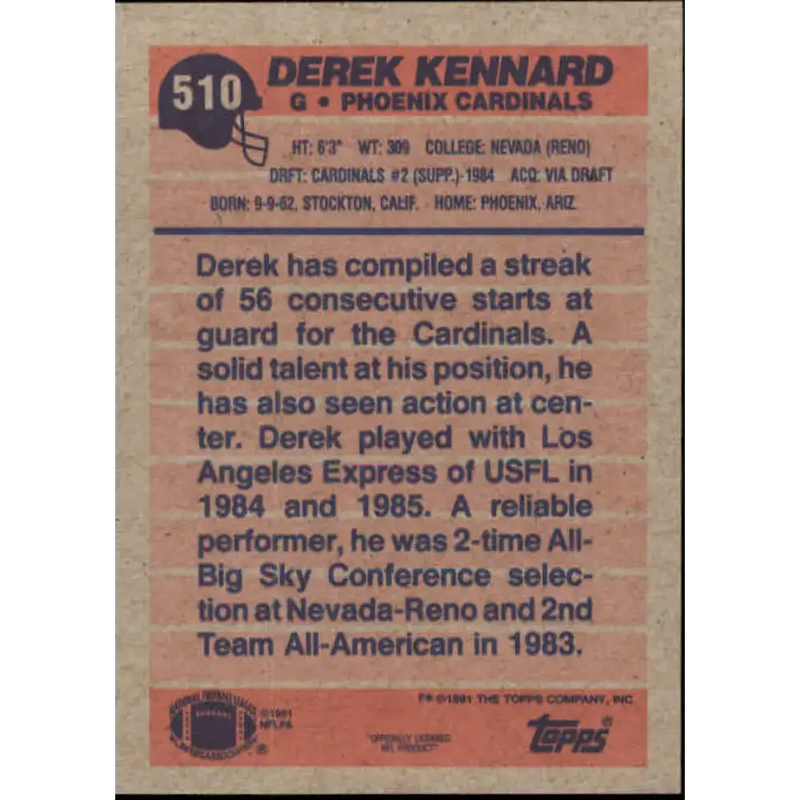 1991 Topps #510 Derek Kennard NM-MT Phoenix Cardinals Football Card - Football Card Single