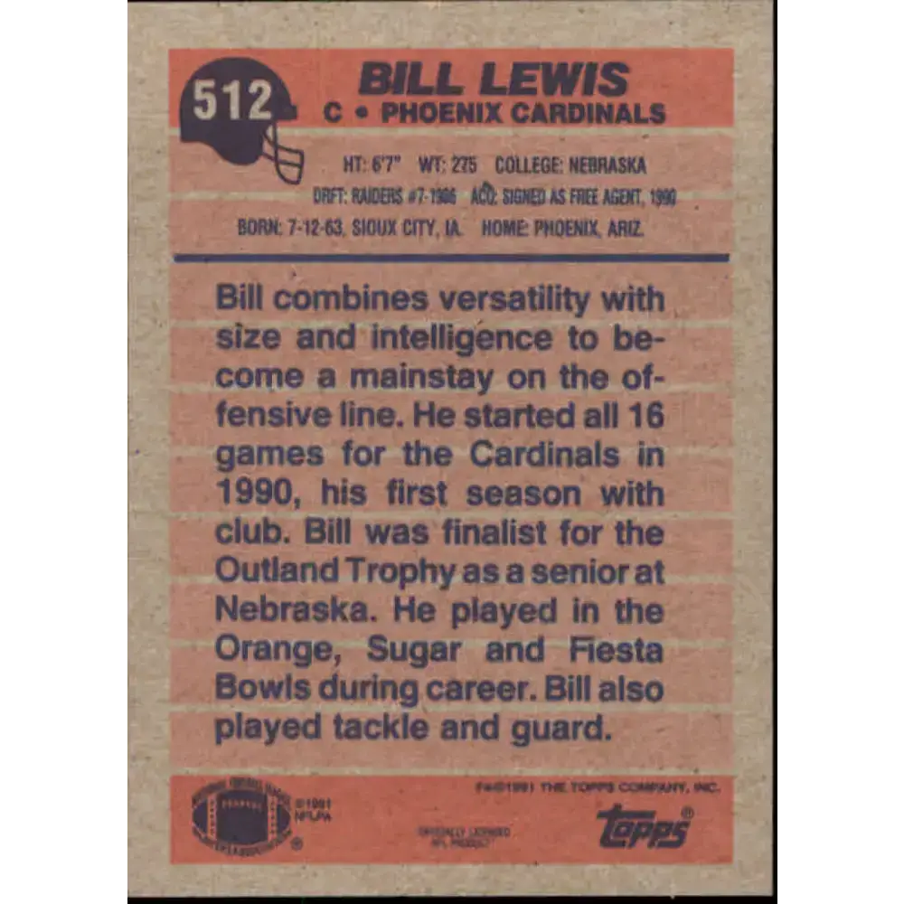1991 Topps #512 Bill Lewis NM-MT Phoenix Cardinals Football Card - Football Card Single