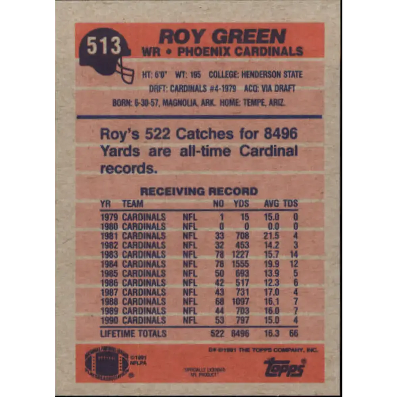 1991 Topps #513 Roy Green NM-MT Cleveland Browns Football Card - Football Card Single