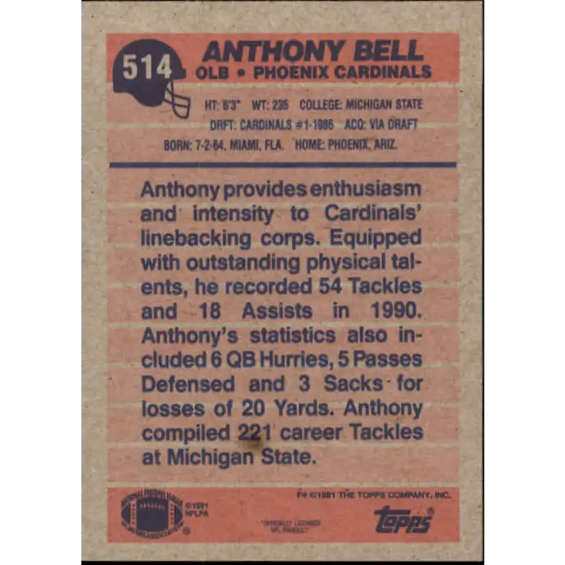 1991 Topps #514 Anthony Bell NM-MT Phoenix Cardinals Football Card - Football Card Single