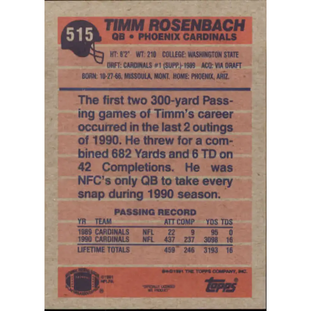 1991 Topps #515 Timm Rosenbach NM-MT Phoenix Cardinals Football Card - Football Card Single