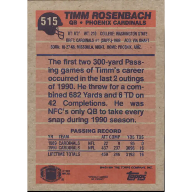 1991 Topps #515 Timm Rosenbach NM-MT Phoenix Cardinals Football Card - Football Card Single