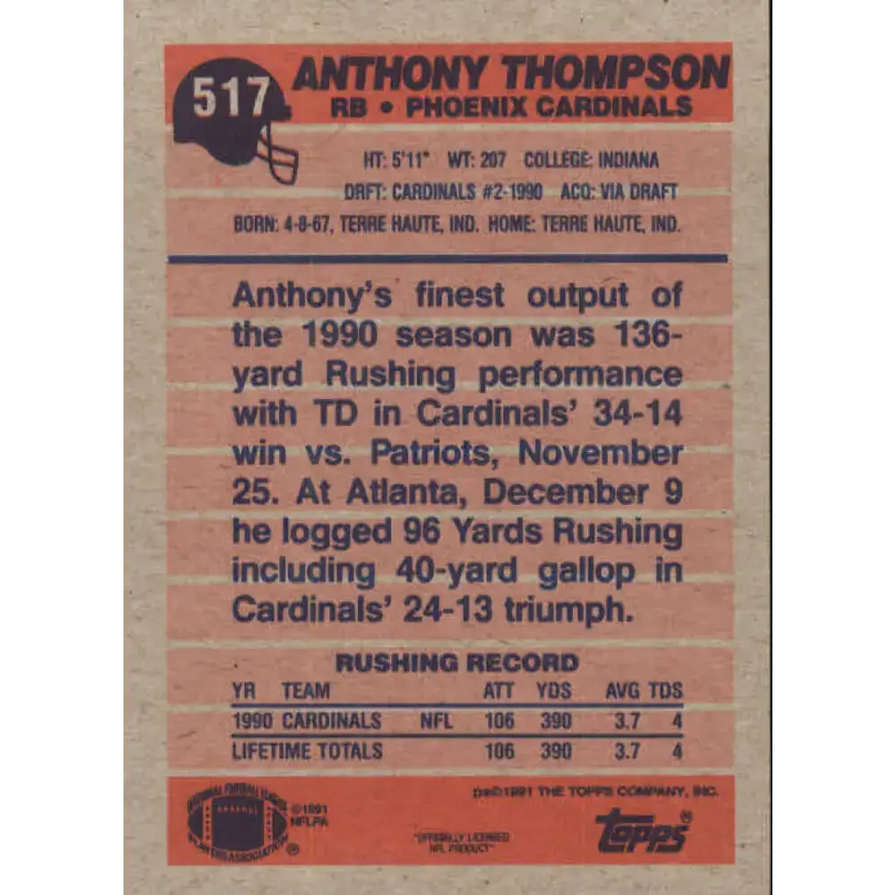 1991 Topps #517 Anthony Thompson NM-MT Phoenix Cardinals Football Card - Football Card Single