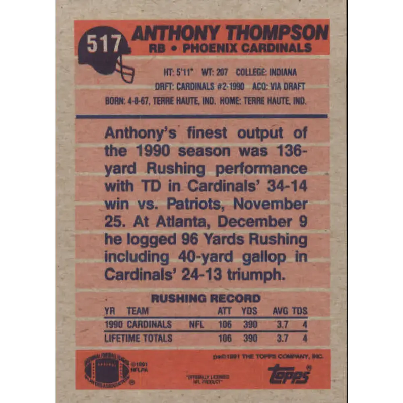 1991 Topps #517 Anthony Thompson NM-MT Phoenix Cardinals Football Card - Football Card Single