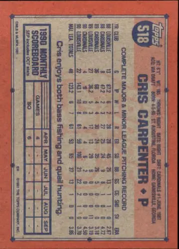 1991 Topps #518 Cris Carpenter NM-MT Cardinals - Baseball Card Single