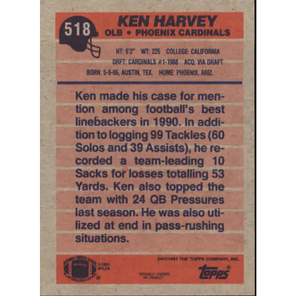 1991 Topps #518 Ken Harvey NM-MT Phoenix Cardinals Football Card - Football Card Single