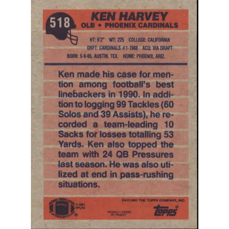 1991 Topps #518 Ken Harvey NM-MT Phoenix Cardinals Football Card - Football Card Single