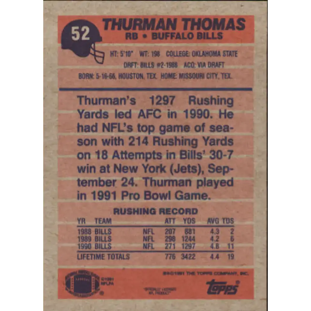 1991 Topps #52 Thurman Thomas NM-MT Buffalo Bills Football Card - Football Card Single
