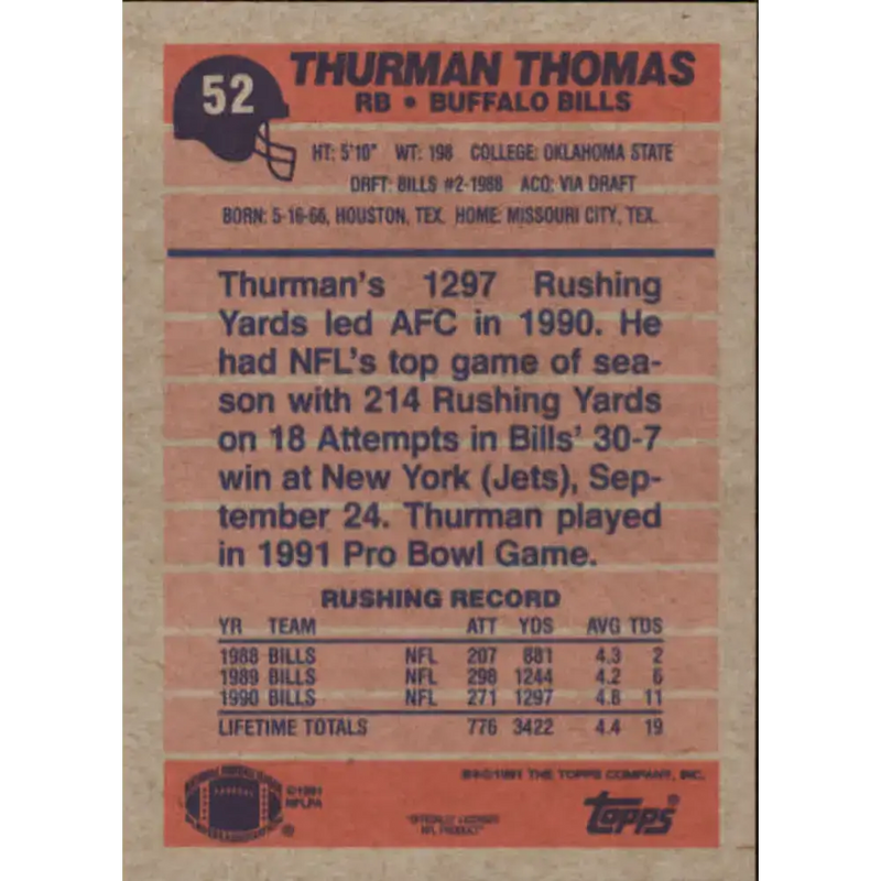 1991 Topps #52 Thurman Thomas NM-MT Buffalo Bills Football Card - Football Card Single