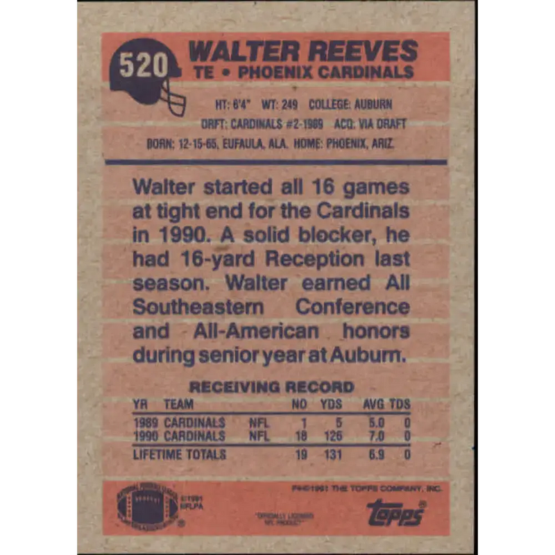 1991 Topps #520 Walter Reeves NM-MT Phoenix Cardinals Football Card - Football Card Single
