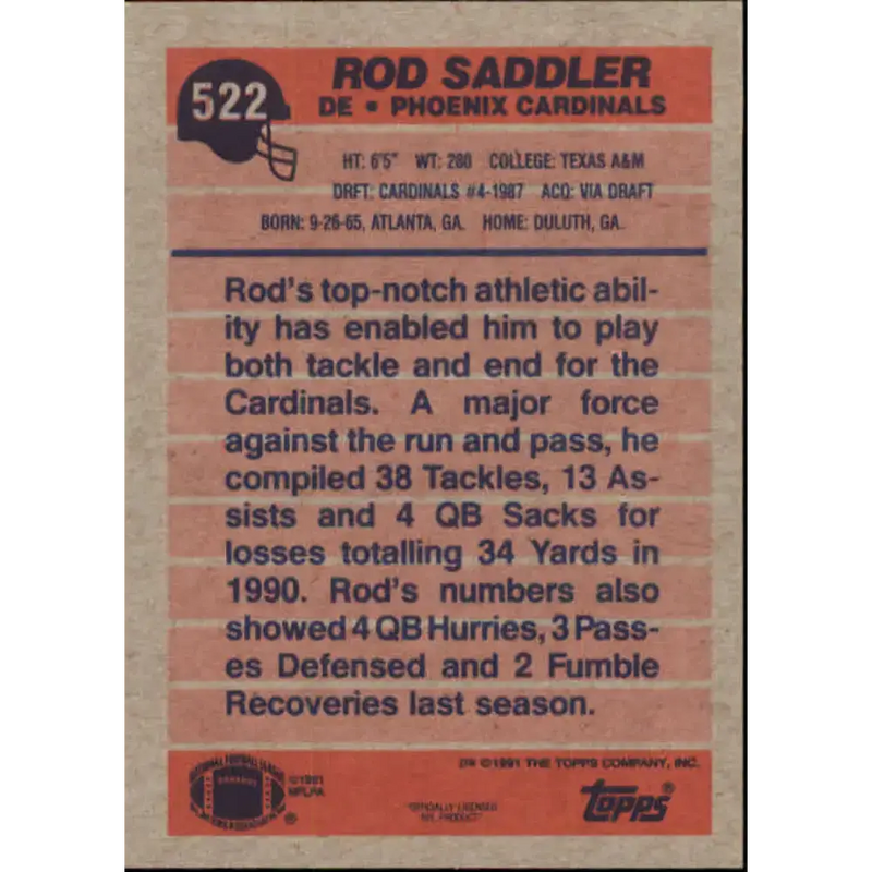 1991 Topps #522 Rod Saddler NM-MT Phoenix Cardinals Football Card - Football Card Single