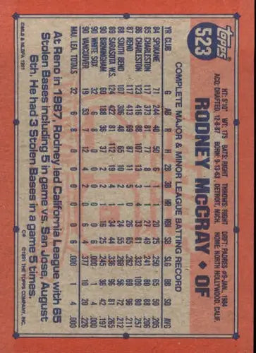 1991 Topps #523 Rodney McCray NM-MT RC Rookie White Sox - Baseball Card Single